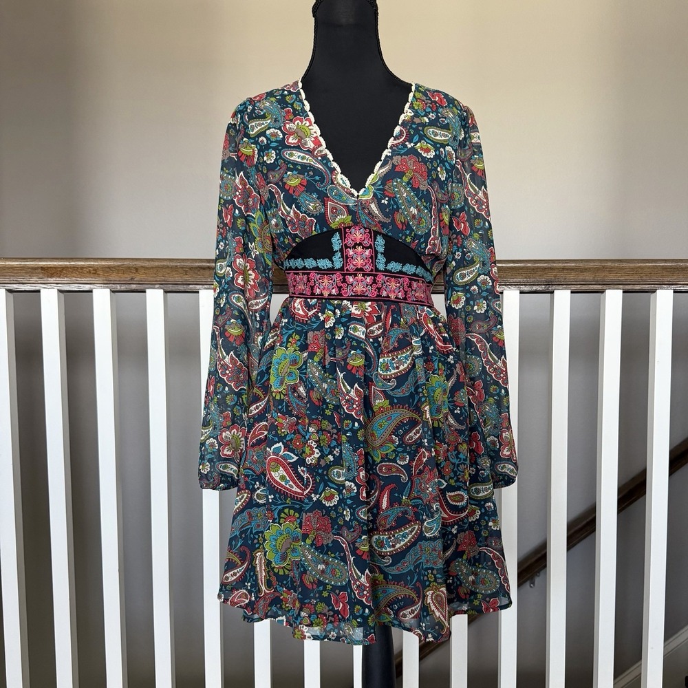 Flying Tomato NWT Balloon Long Sleeve Embroidered Babydoll Dress Medium Boho Y2K